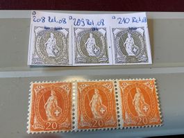 Stehende Helvetia 3er Streifen 86A alle Ret. 08 F208-210 **