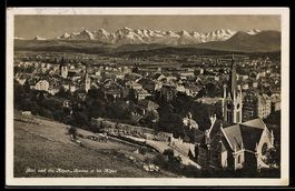 AK Biel, Stadt-Panorama mit Alpen