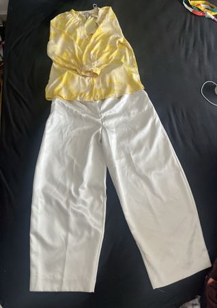 H&M Bluse gelb gemustert Gr. 36 & Hose weiss Gr. XS 
