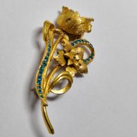Vintage Hollywood Brosche – Blumen Vergoldet Blaue Strassste