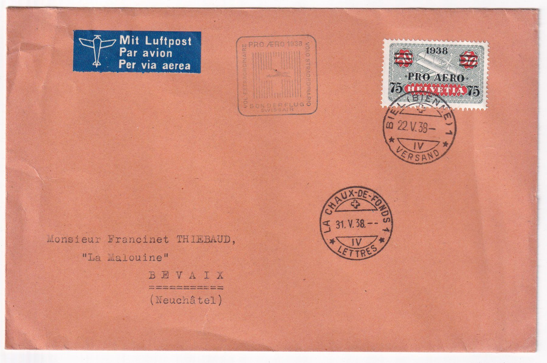Buste & buste per spedizione: Flugpostbrief Sonderflug 1938 – Usato da Neuchâtel venduto da karlpierrino