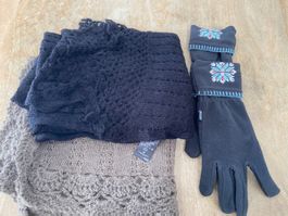 2 Schals oliv und schwarz Handschuhe grau
