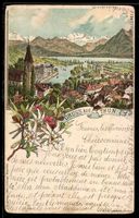 Lithographie Thun, Blick auf die Stadt mit dem Gebirgspanora