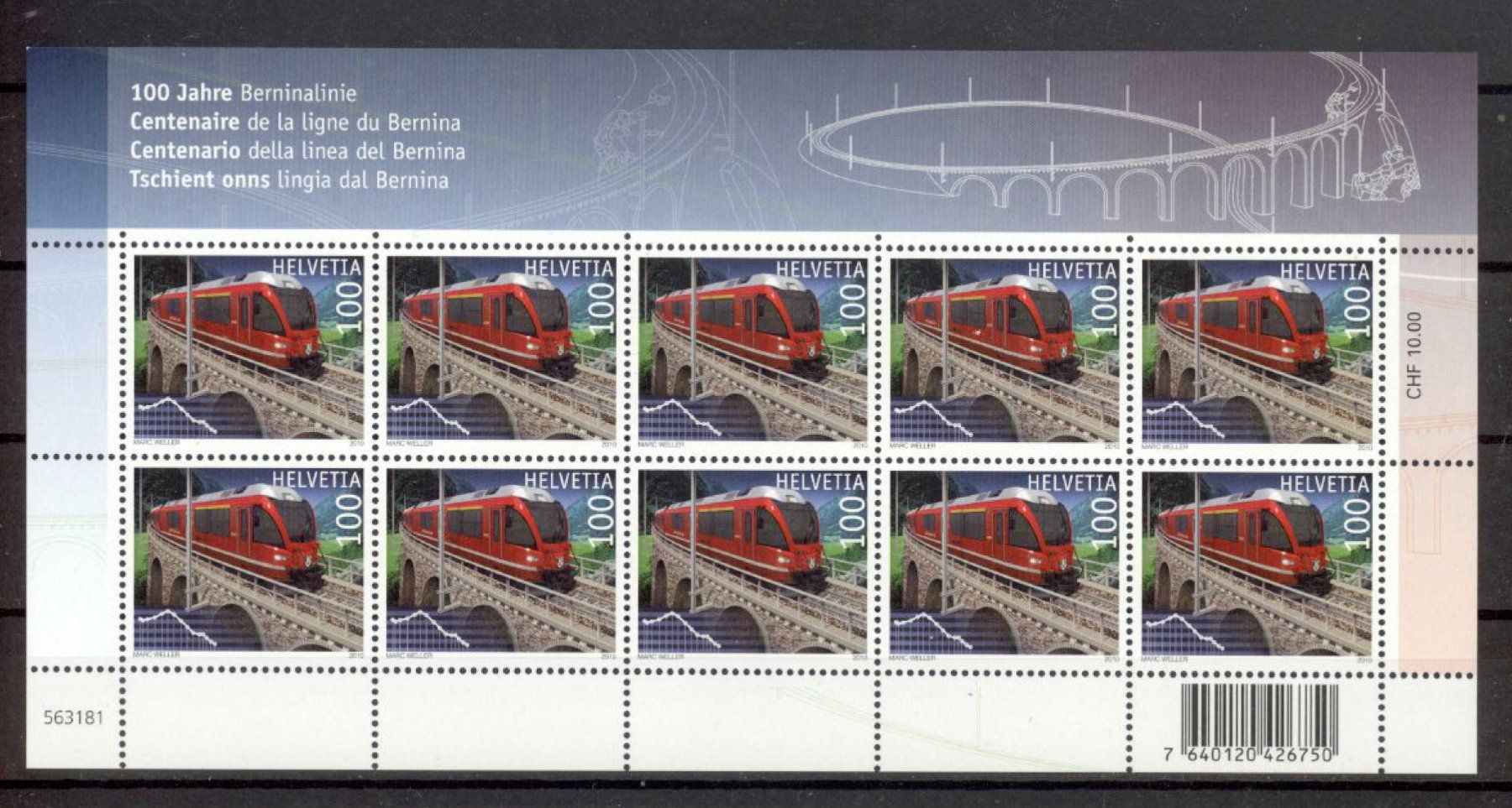Tutti i francobolli: 2010, Sondermarken Bahnjubiläen, Kleinbogen ** – Usato da Willisau venduto da Vollstempel