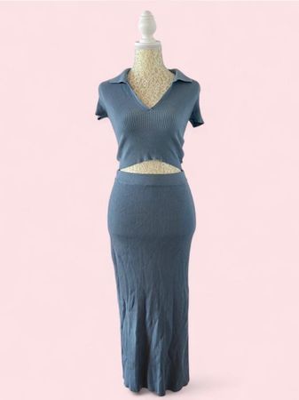 Tally Weijl Blue ribbed knit set with split skirt