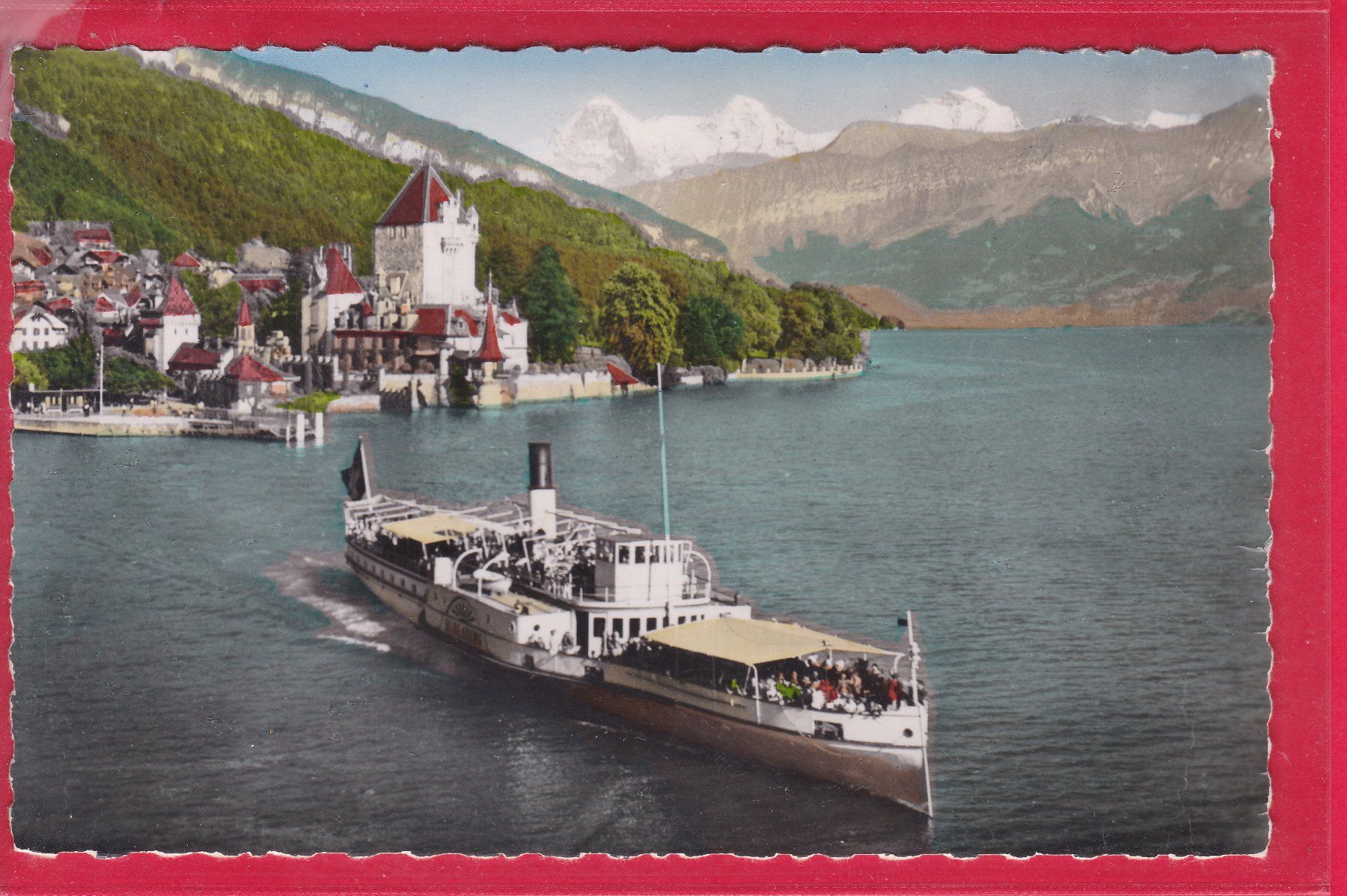 Ansichtskarten: OBERHOFEN AM THUNERSEE MIT DAMPFER, EIGER, MÖNCH, JUNGFRAU – Gebraucht aus Oberrieden von Gebirgsstelze
