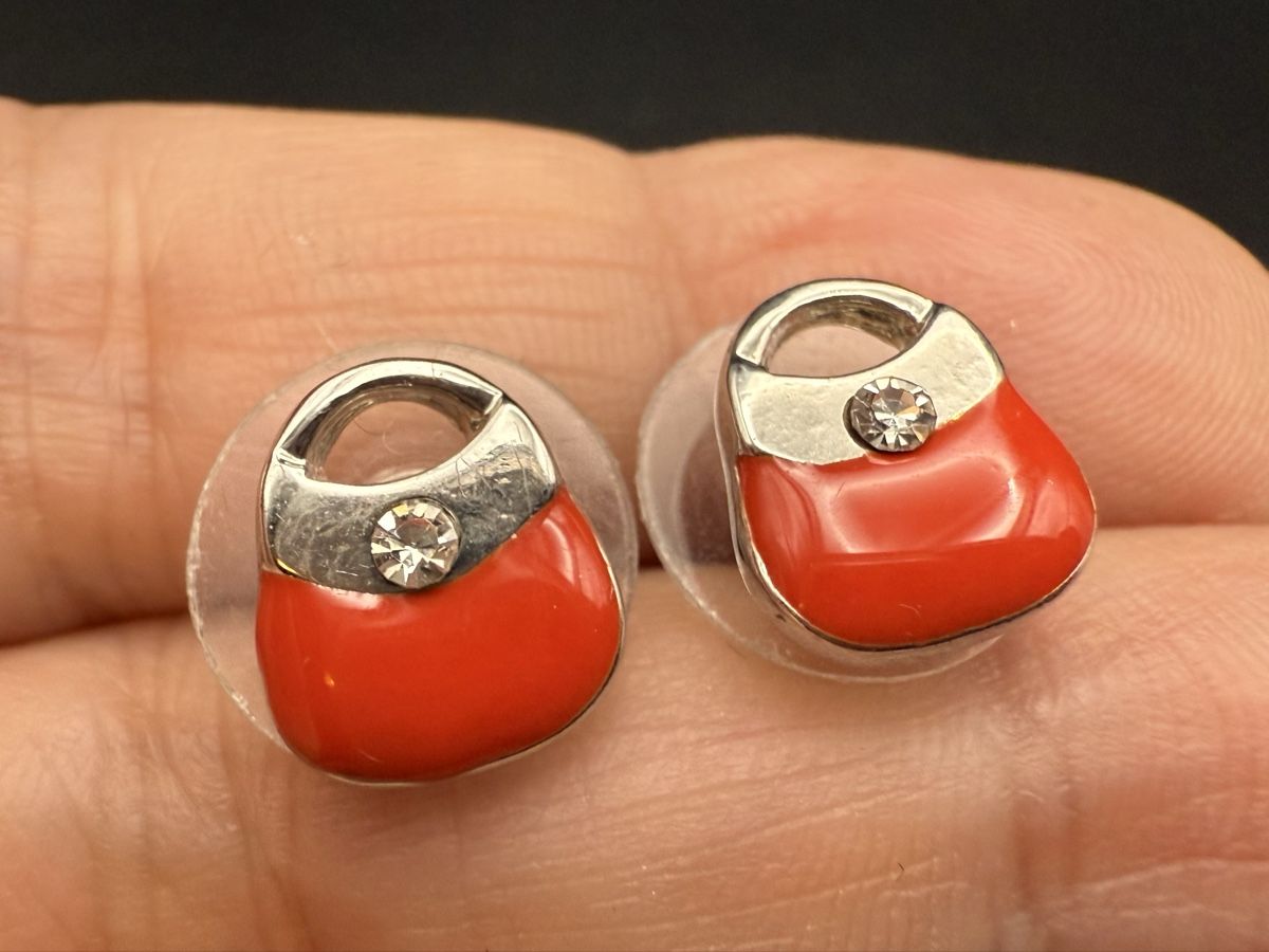 Boucles d'oreille: Rote Ohrringe in Form einer Handtasche mit Strasssteinen – D'occasion à Lamone par LaCantinaMagica
