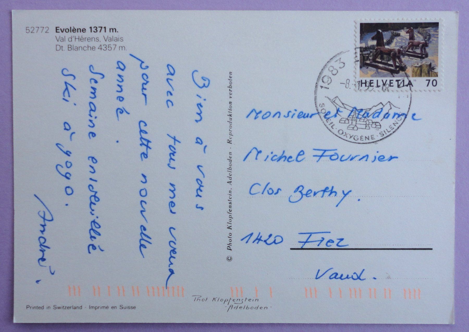 Cartoline postali: Evolène 1371 m, Val d' Hérens – Usato da Fétigny venduto da Billy2miny 1