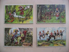 4 Holzpuzzles, antik, Thema Märchen, vollständig