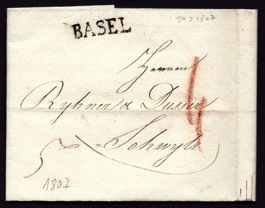 Alle Briefmarken: Basel - Schwytz 1807 – Gebraucht aus Flamatt von samowarow