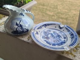 Vintage Delft Blue handbemalte Keramikkrug & Aschenbecher NL