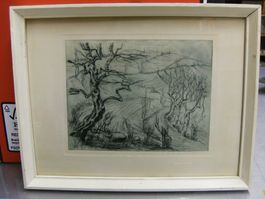 Landschaft Tusche Peter K. Müller  Holzrahmen 34 x 26 cm