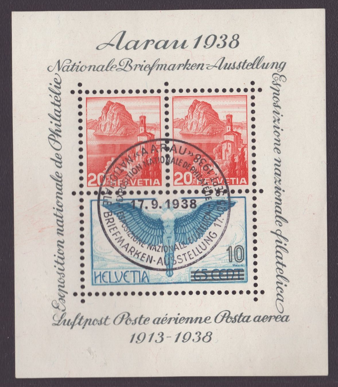 Alle Briefmarken: 1938 Bloc Aarau W11obl 17.9.1938 – Gebraucht aus Delémont von Silte