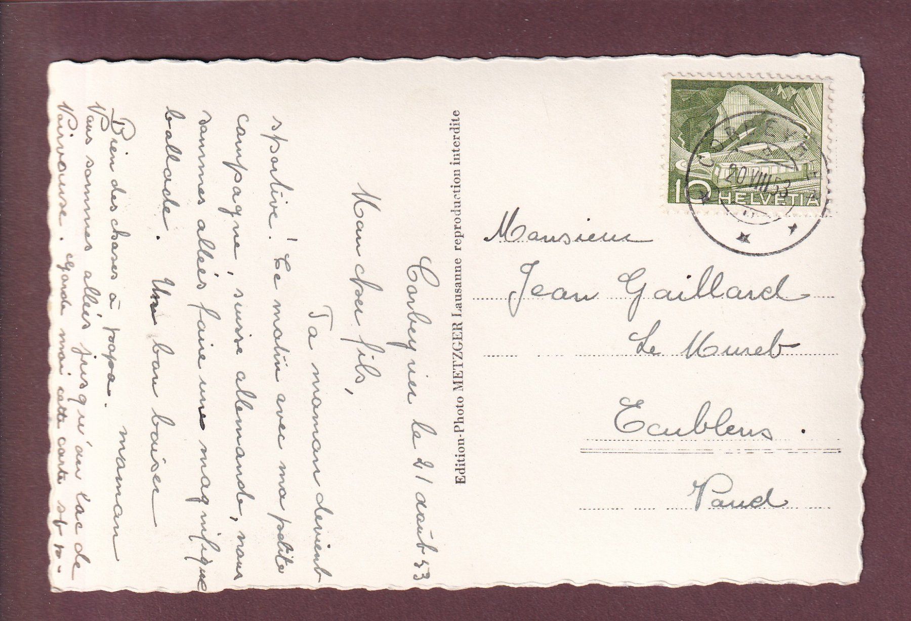 Cartoline postali: AUX AGITES - 1953 – Usato da Pully venduto da nicecards 1