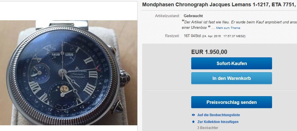 Jacques Lemans Orologi: Jacques Lemans: Chrono / triple date / Mondphase Kal. 7751 – Usato da Meilen venduto da Anonymous3 6