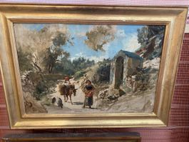 Peinture à l'huile paysage paysan ancien cadre doré s