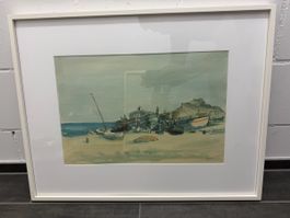 Original Aquarell, Willi Koch, Schiffe am Strand, signiert