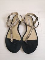 🤩MANGO LEDER-STRASS-KETTE-SANDALEN, GOLD-SCHWARZ-STRASS