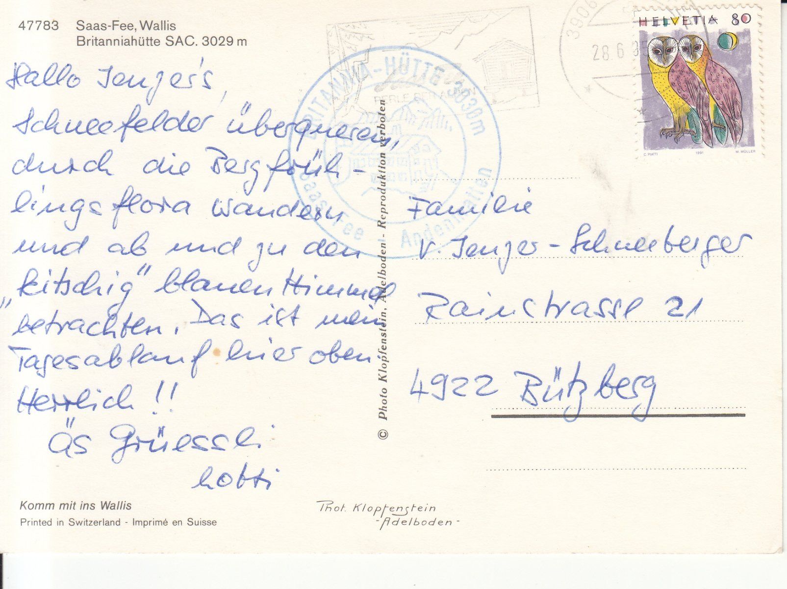 Cartoline postali: Britanniahütte 1995 – Usato da Bürglen TG venduto da StampGraf 1