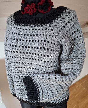 Pull gris & noir, fait main au crochet, taille 38