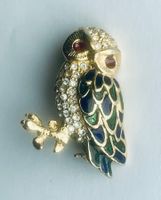 Vintage Eulenbrosche, goldfarben, emailliert, Strass,
