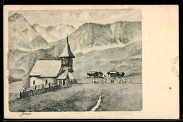 Künstler-AK Arosa, Kirche und Häuser in Berglandschaft