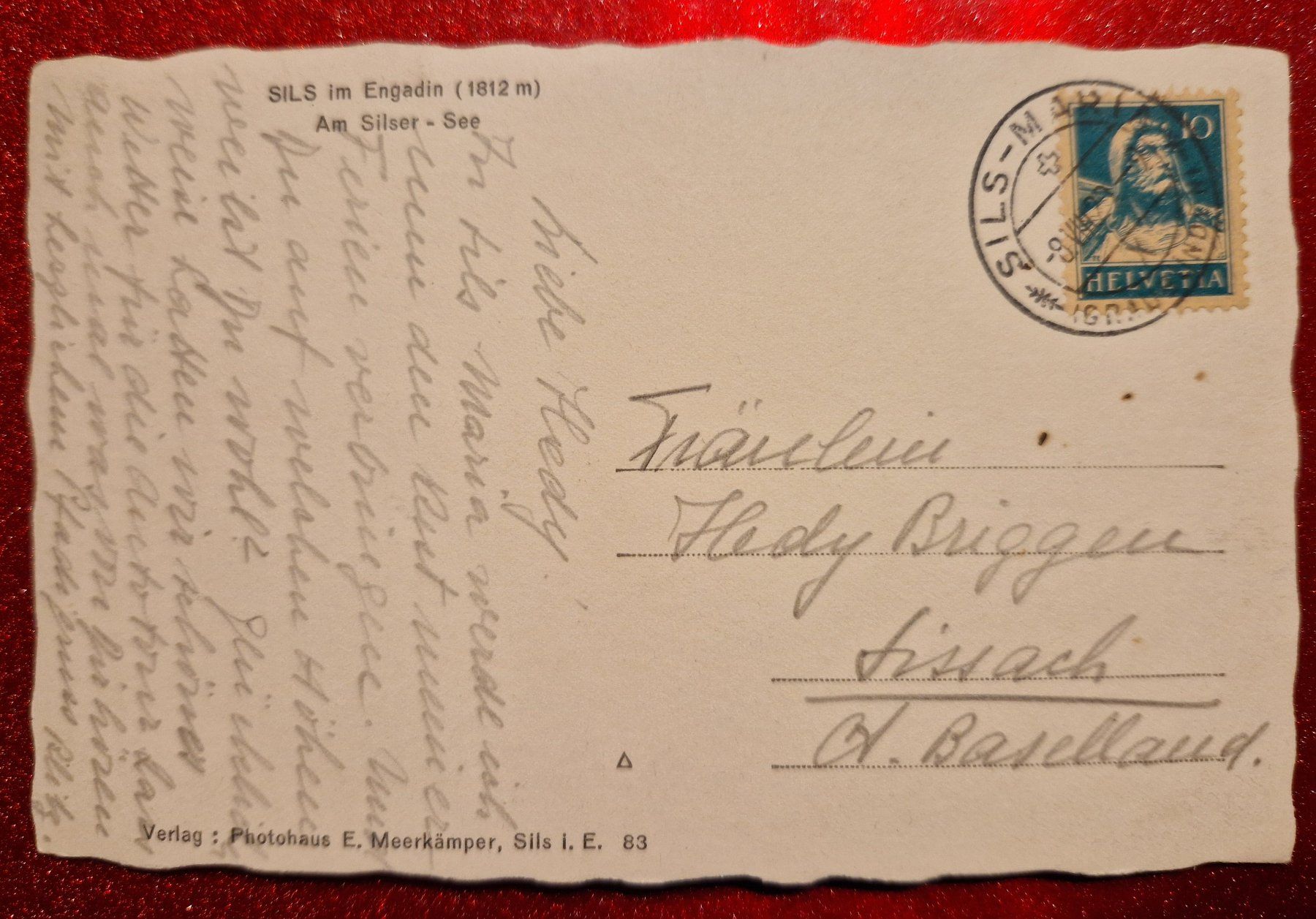 Ansichtskarten: Sils im Engadin 1920 – Gebraucht aus Melchnau von Fishel 1