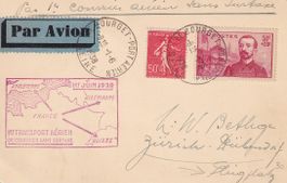 1. Luftpost - Beförderung ohne Zuschlag Paris - Zürich 1938