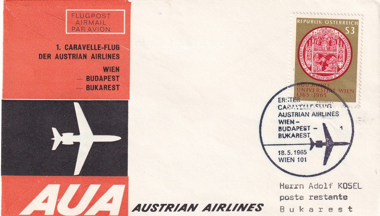Tutti i francobolli: Erstflug AUA Caravelle Wien - Bukarest 1965 – Usato da Baar venduto da Asmara111