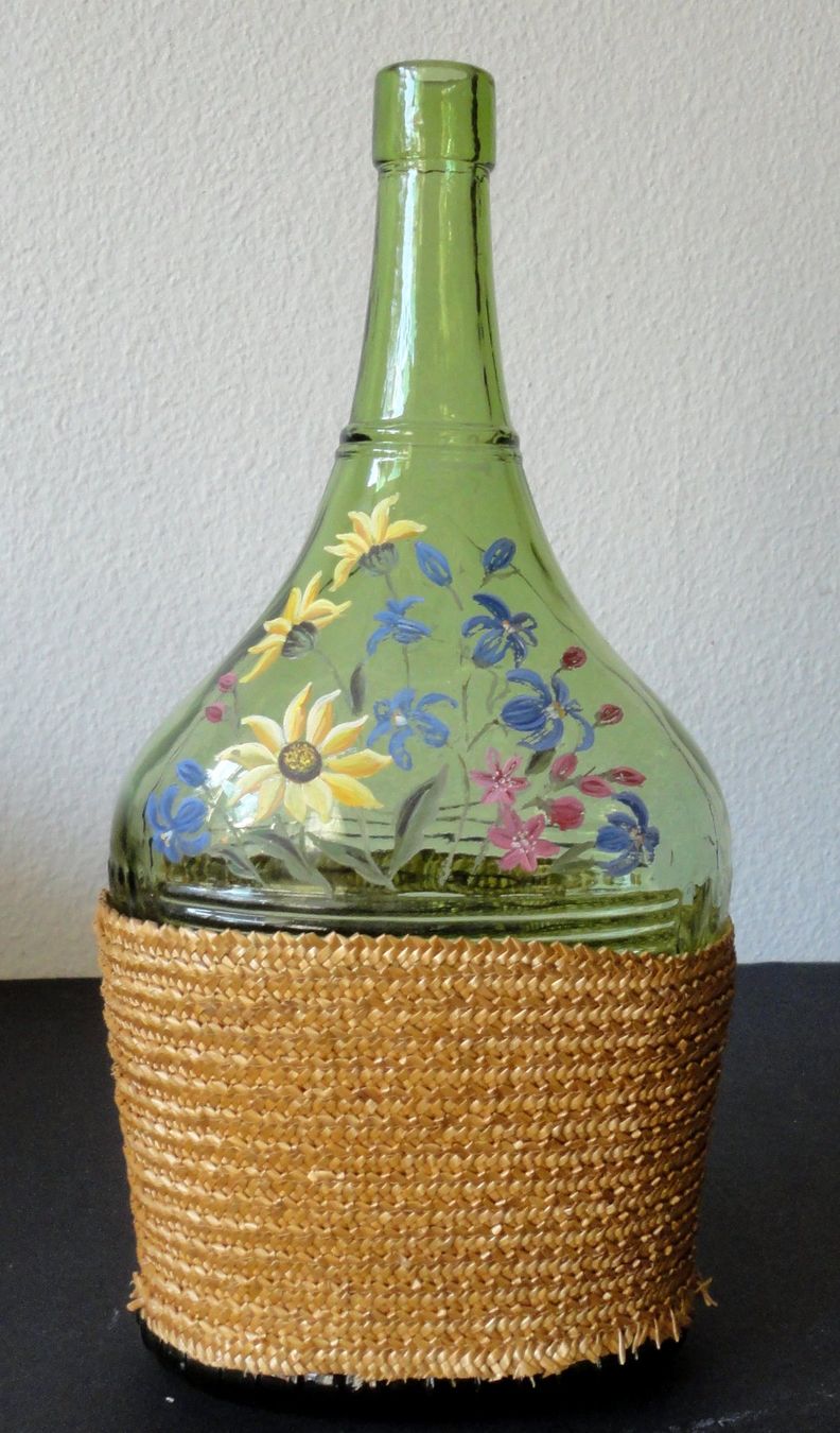 Caraffe: Glasflasche/Karaffe mit Strohummantelung handbemalt 2Liter – Usato da zürich venduto da parts5060