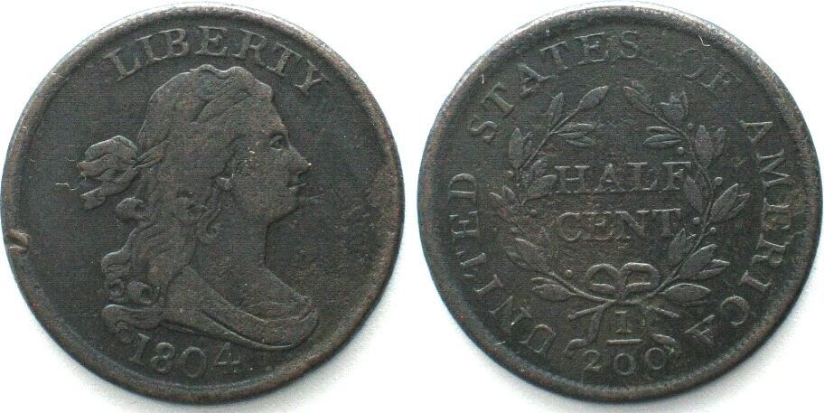 Alle Münzen: USA 1/2 Cent 1804 Spike chin DRAPED BUST HALF CENT Kupfer – Gebraucht aus Riehen von sesambestcoins2004