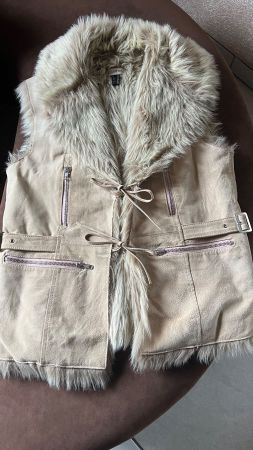 Leder Gilet mit Kunstfell, Grösse M, Beige, Top!