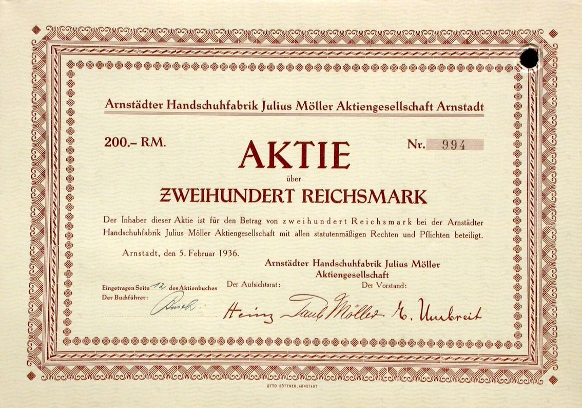 Dokumente: Arnstädter Handschuhfabrik Julius Möller AG - 1936 – Gebraucht aus Solothurn von Sgasche