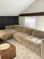 Ecksofa Beige/Grün Stoff guter Zustand mit 3 Kissen+ Hocker