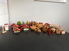 Holztiere Bauer / Bäuerin Bäume Bauernhof Häuser Vintage