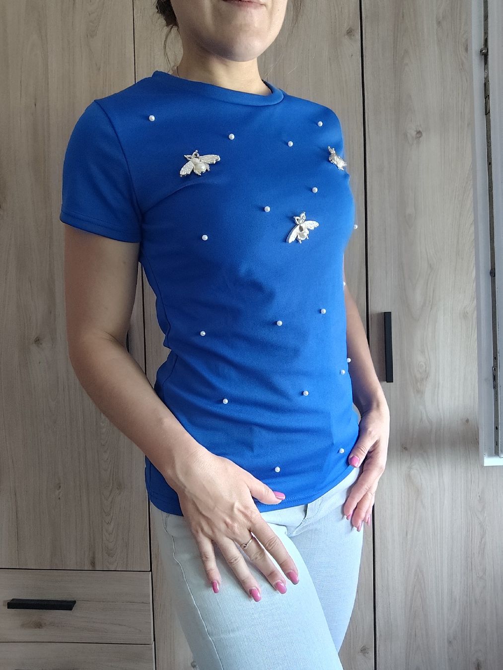 Camicette: T-Shirt Blue Size S Bee Pearl Appliqué Polyester – Usato da Mägenwil venduto da VintageGirly 5