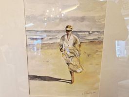 Aquarell Bild Strand Szene. Signiert