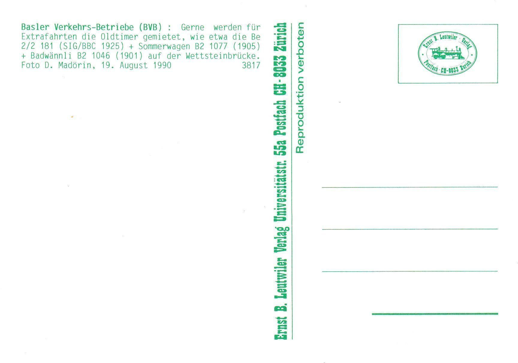 Cartoline postali: Strassenbahn Basel BVB Be 2/2 181 – Usato da Ettingen venduto da Pantograph163 1