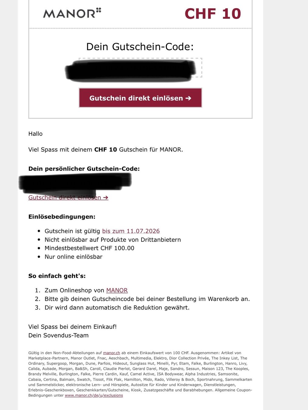 Gutscheine: MANOR Rabattcode 10.- – Neu und originalverpackt aus Glattpark(Opfikon) von ste_n99y