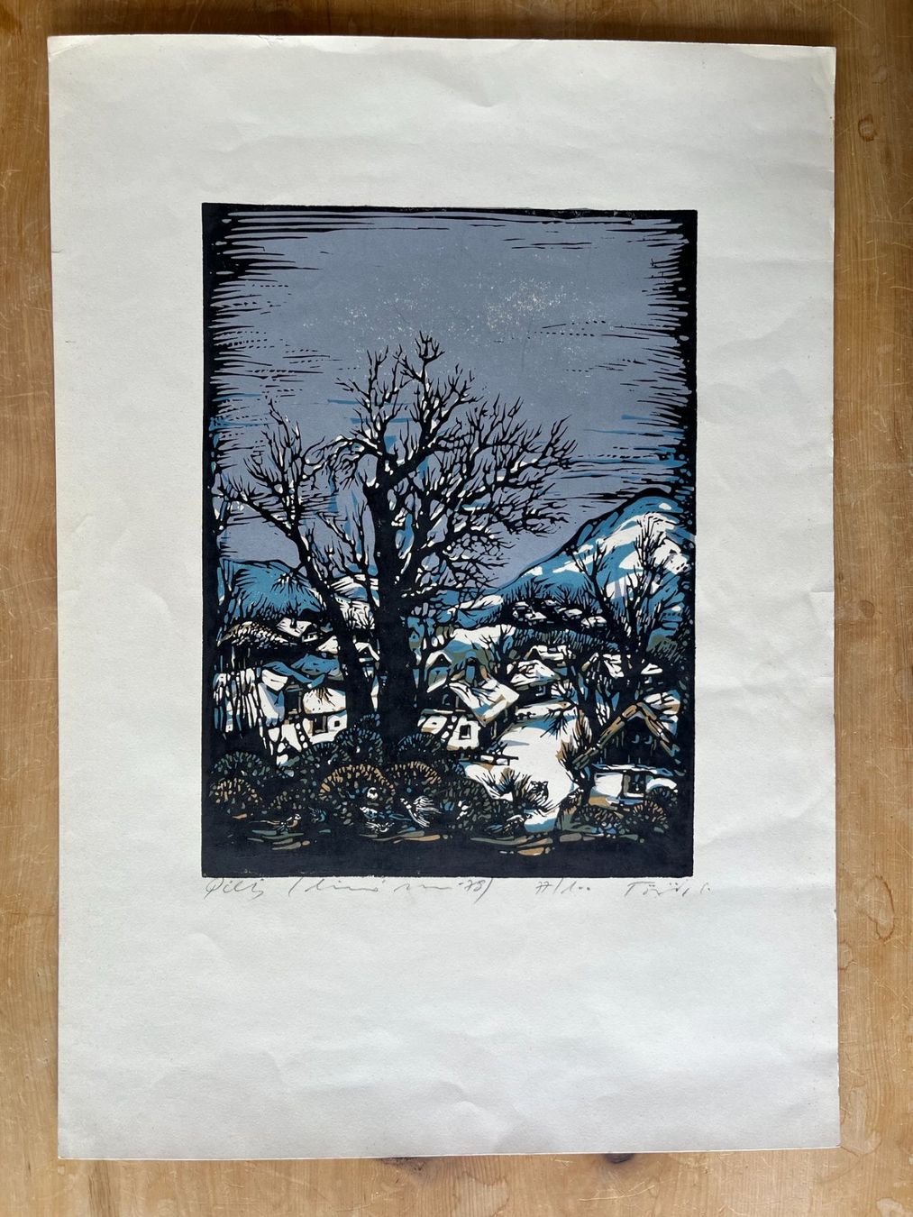 Foto & Immagini: Winterlandschaft 1978, farbiger Linolschnitt 77/100 – Usato da Aarau Rohr venduto da Hohenstaufen1208