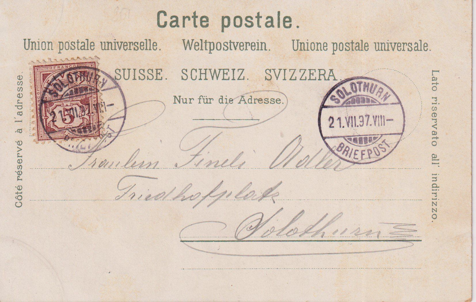 Cartoline postali: AK Lirho Solothurn, 1897 – Usato da Riva San Vitale venduto da MAR-NAPO 1