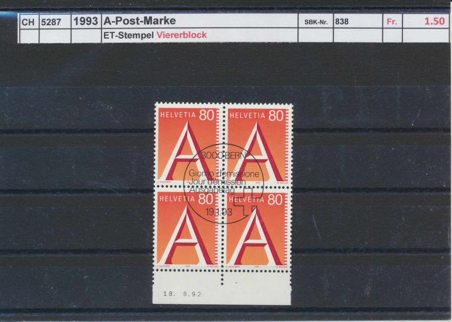 Tutti i francobolli: 1993 "A - Post-Marke", Viererblock, ET - Stempel – Usato da Winterthur venduto da Zupogeru