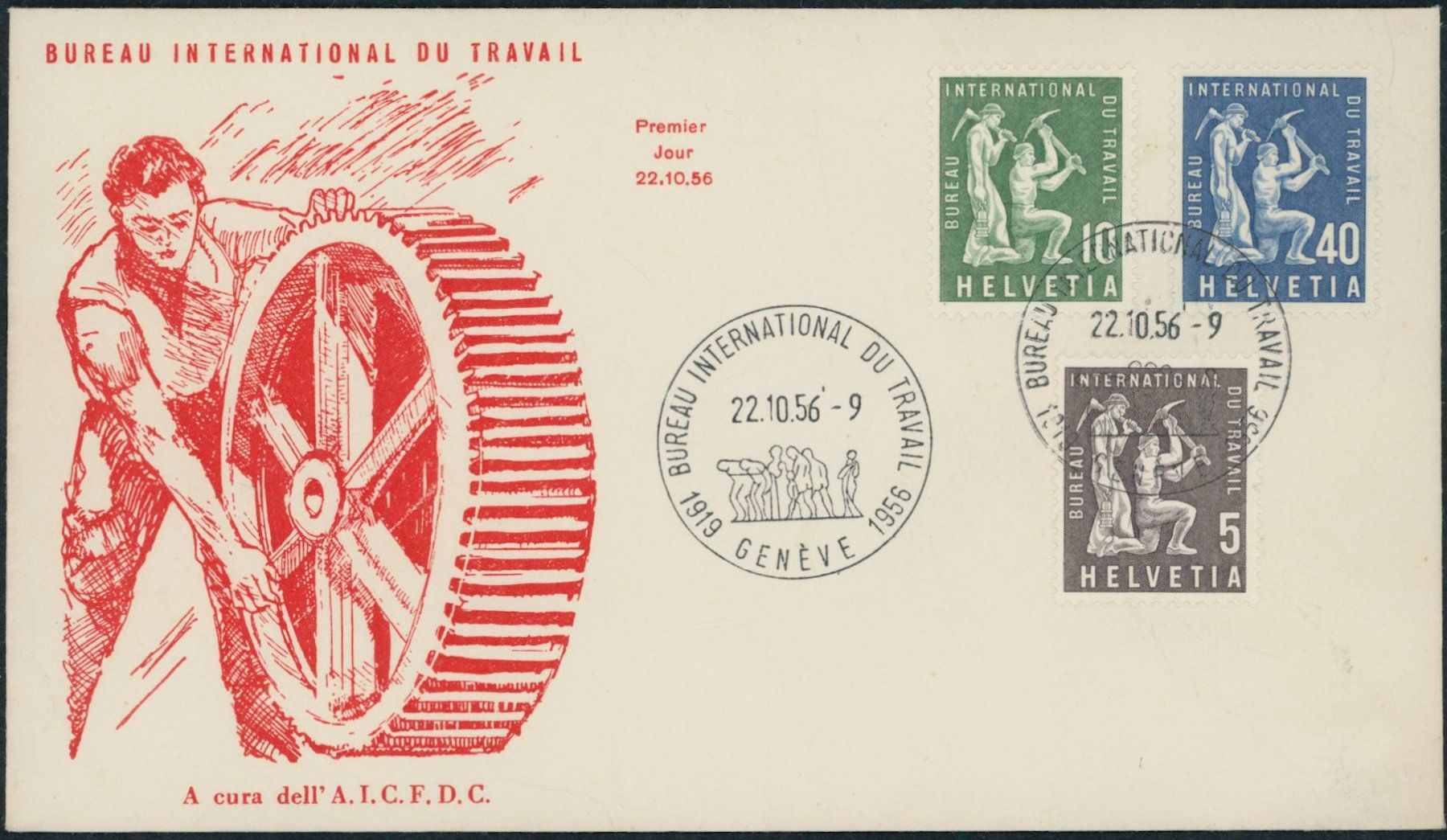 Tutti i francobolli: 1956 - Genfer Aemter - BIT - Ersttagsbrief FDC ET – Usato da Schindellegi venduto da leecollect 1