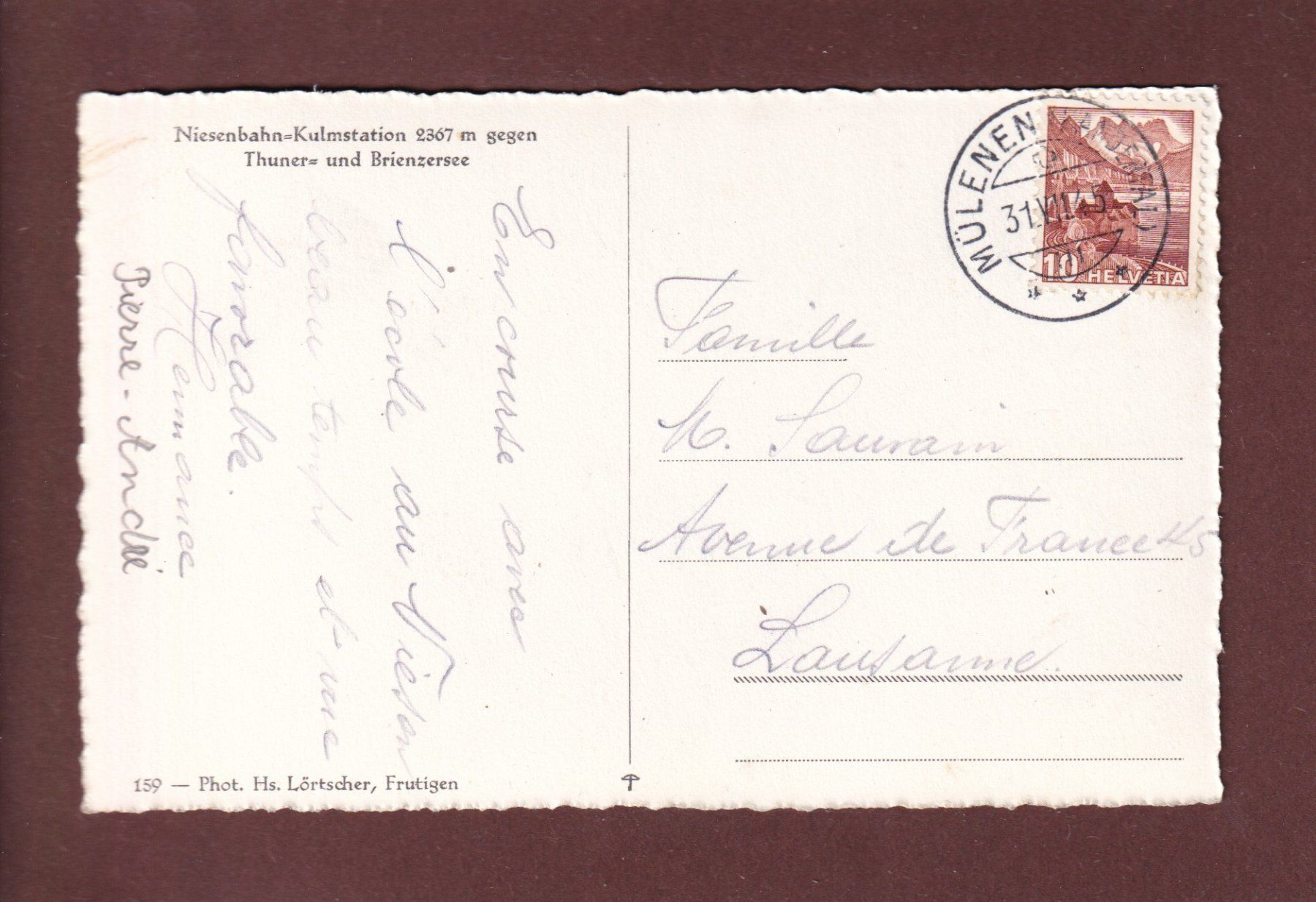 Cartoline postali: NIESENBAHN - Kulmstation - 1945 – Usato da Pully venduto da nicecards 1