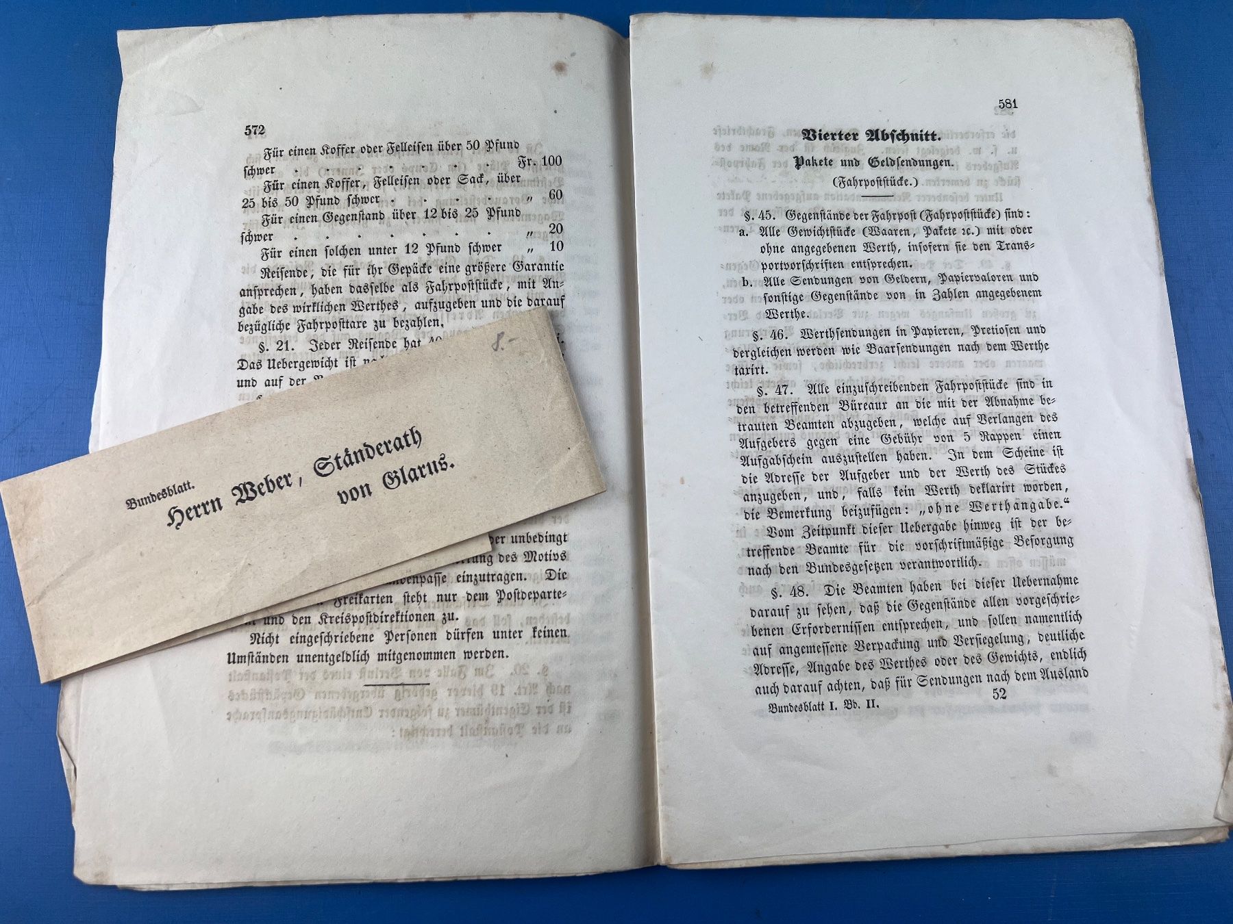 Documenti: Schweizerisches Bundesblatt 1849 mit Versandb. Weber Glarus – Usato da Unterengstringen venduto da Gustav03 2