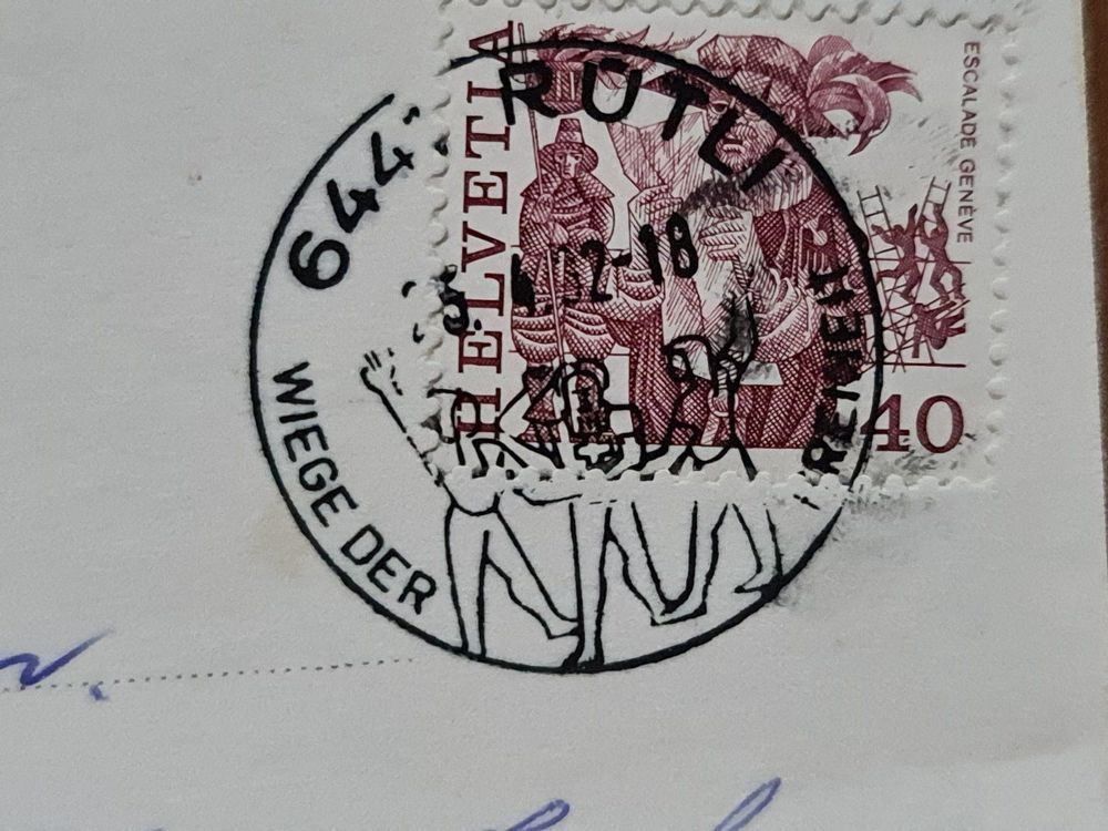 Cartoline postali: Ansichtskarte Rütlihaus mit Mythen 1982 – Usato da Dintikon venduto da Vexi 1