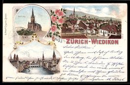 Lithographie Zürich-Wiedikon, Neue Kirche, Flusspartie mit B