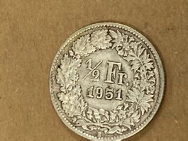SVIZZERA 1/2  FR MONETA IN ARGENTO 1951 usata - circolata