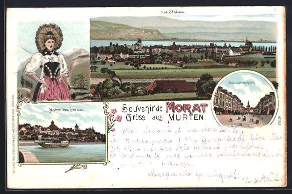 Cartoline postali: Litho Morat, Ortsansicht aus der Vogelsc – Usato da Berlin venduto da bartko-reher