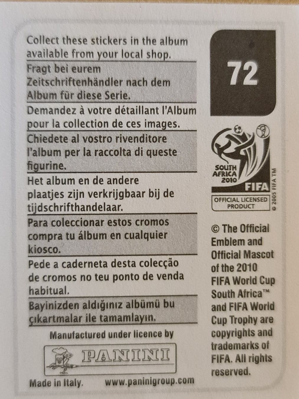 Panini Sammelbilder & Trading cards: Panini WM 2010 Nr. 72 – Neu (gemäss Beschreibung) aus Dintikon von Prime-shop 1